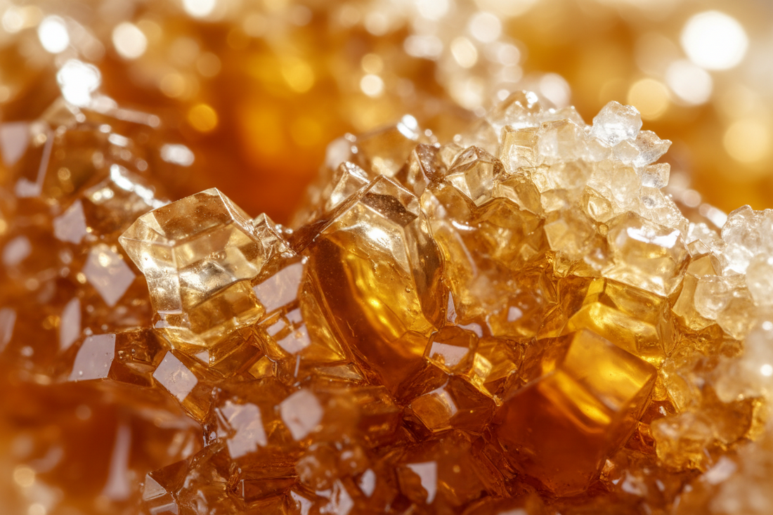 A close-up of amber honey that has naturally crystallized, featuring a dense,