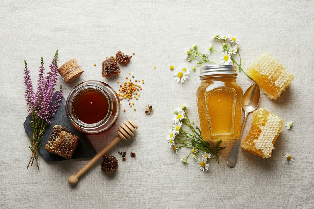 Two glass jars of honey in different shades of amber next to a fresh piece of honeycomb, wildflowers, and a wooden honey dipper.