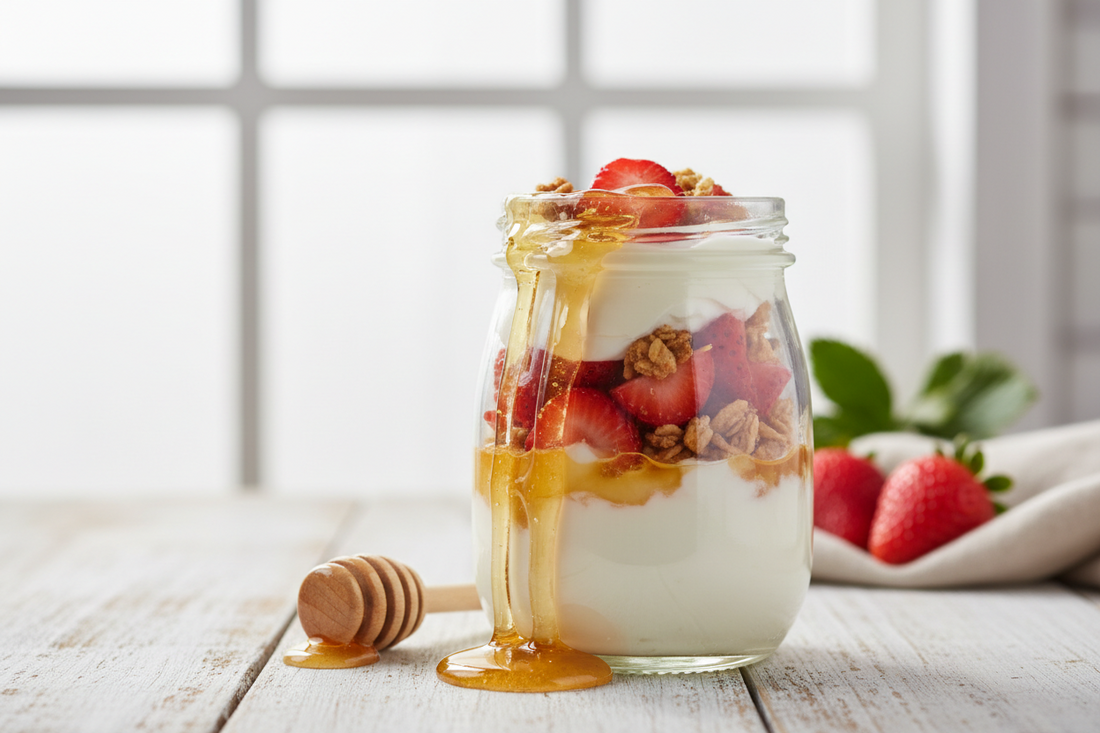 A glass jar filled with layers of creamy yogurt, fresh fruit, and a drizzle of honey, with a wooden honey dipper resting beside it.