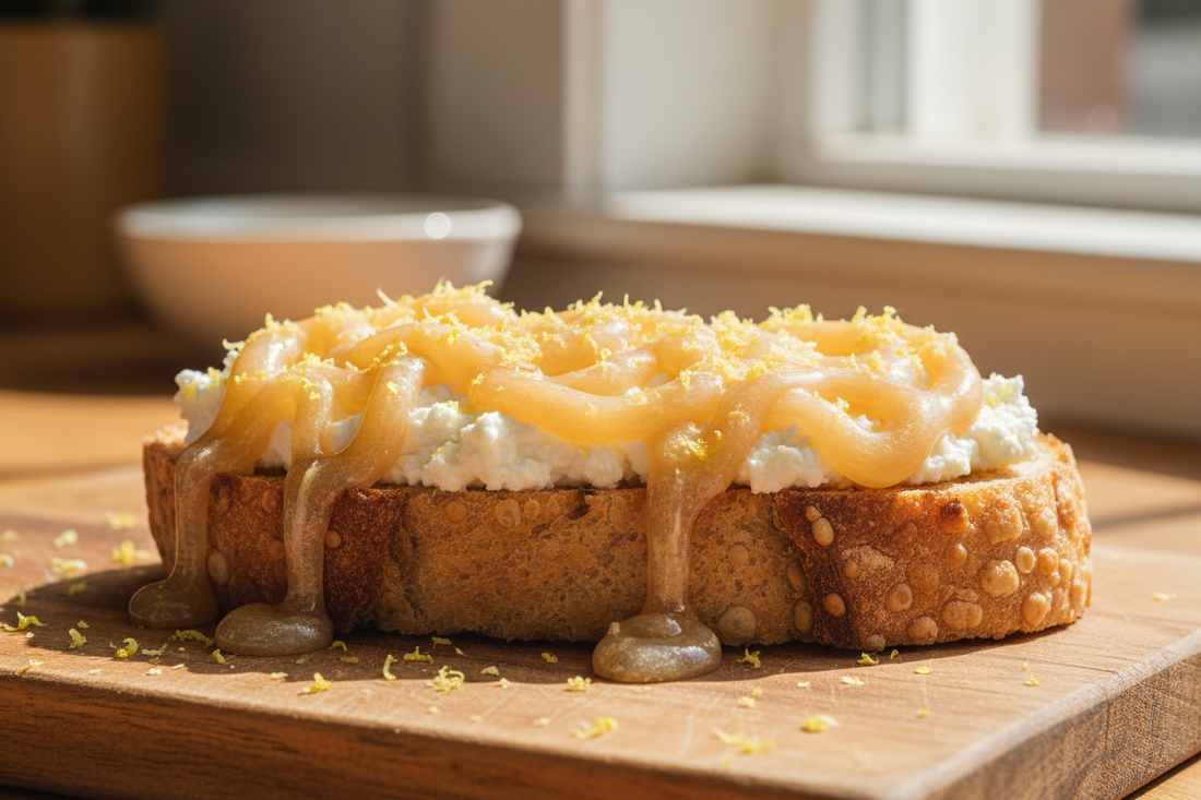 A slice of toasted bread topped with a thick layer of whipped ricotta cheese and a decorative drizzle of golden hone