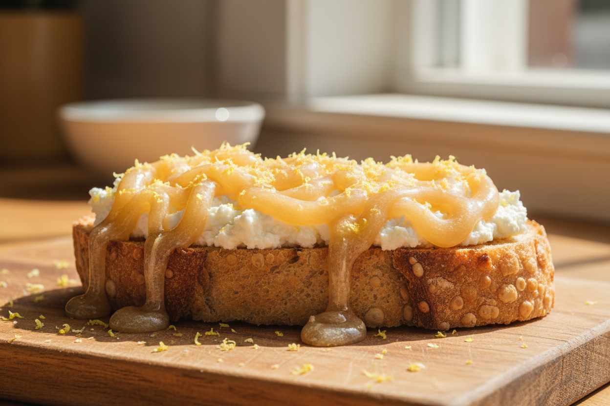 A slice of toasted bread topped with a thick layer of whipped ricotta cheese and a decorative drizzle of golden hone