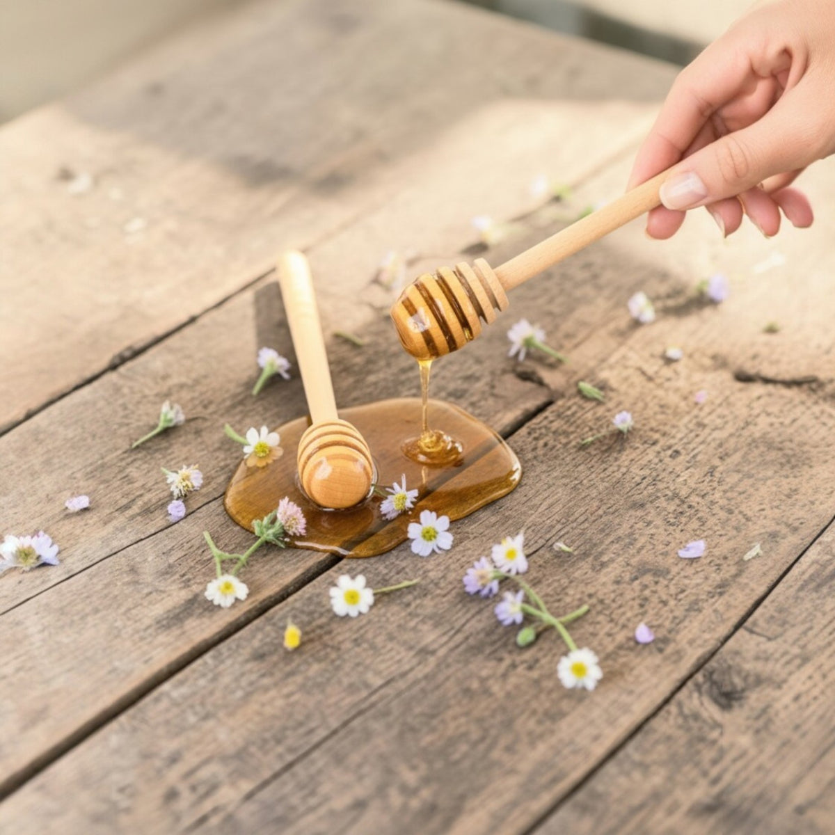 Honey being drizzled from a wooden honey dipper onto a wooden surface with flowers.